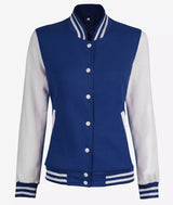 Women’s White and Royal Blue Varsity Jacket – Baseball Style Bomber