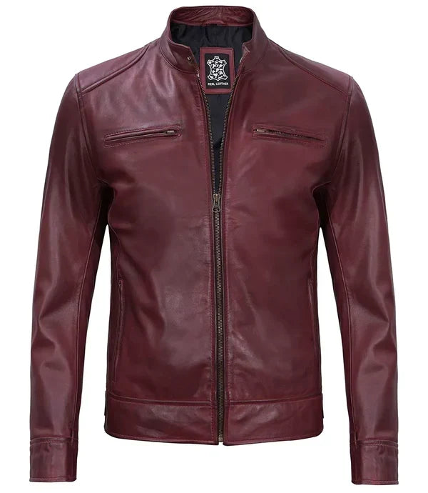 Dodge Men's Burgundy Cafe Racer Leather Jacket