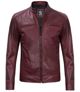 Dodge Men's Burgundy Cafe Racer Leather Jacket