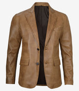 Mens Two Button Camel Brown Leather Blazer