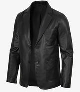 Mens Two Button Black Leather Blazer - Notch Lapel