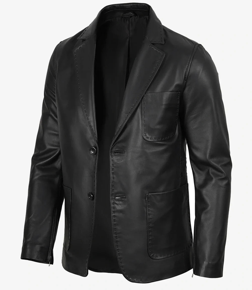 Mens Two Button Black Leather Blazer - Notch Lapel