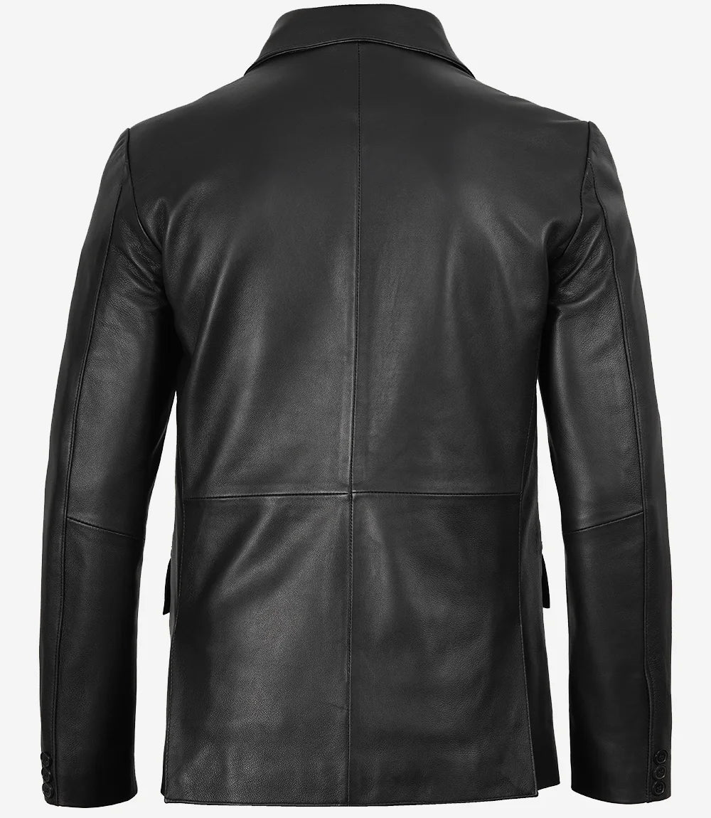 Mens Two Button Black Leather Blazer - Notch Lapel