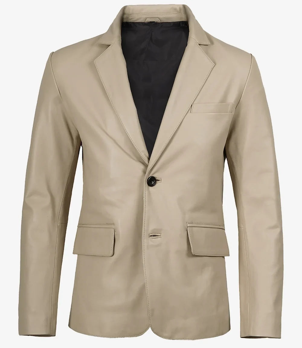 Mens Two Button Beige Leather Blazer - Notch Lapel
