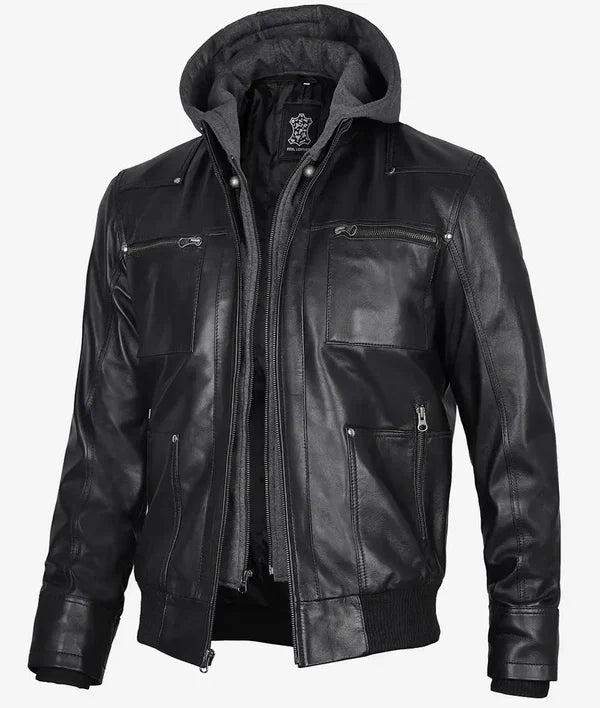 Mens Black Bomber Leather Jacket with Removable Hood