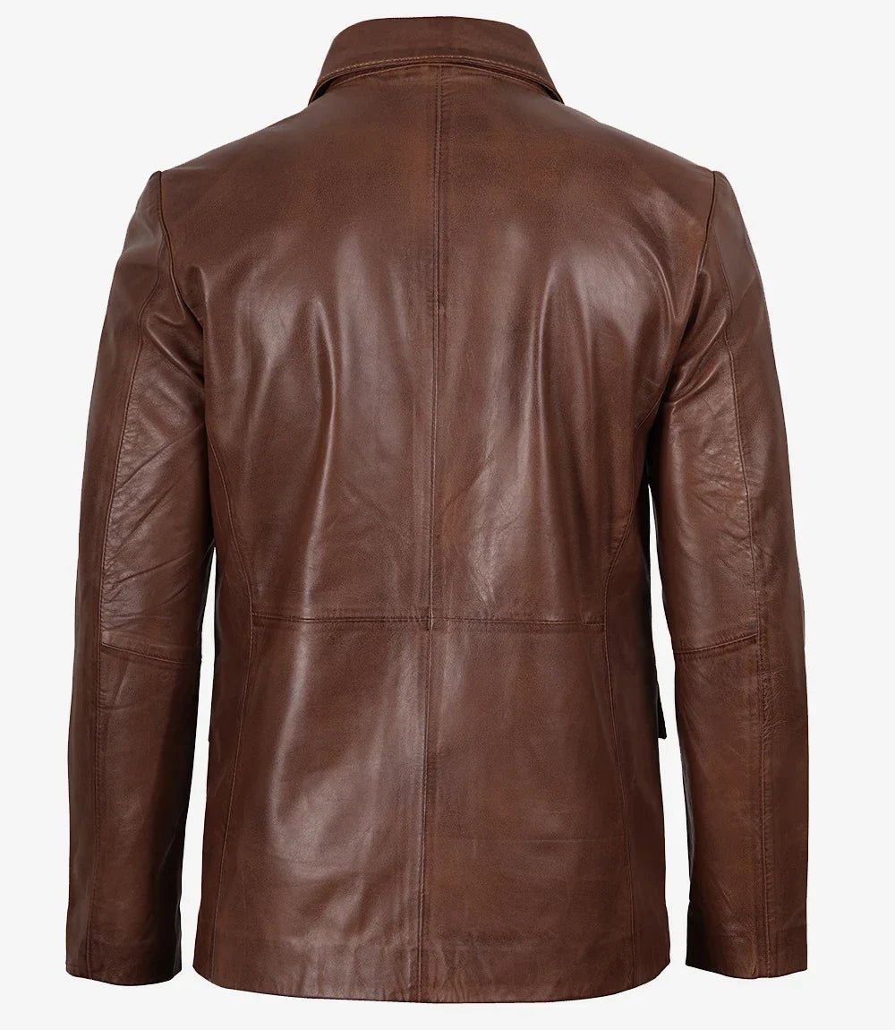 Mens Two Button Cognac Waxed Leather Blazer - Notch Lapel