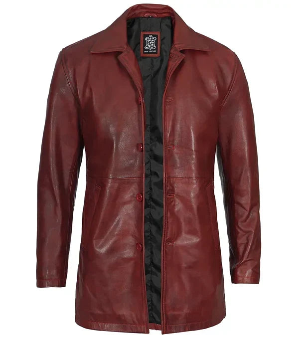 Mens Burgundy Real Lambskin Leather Car Coat