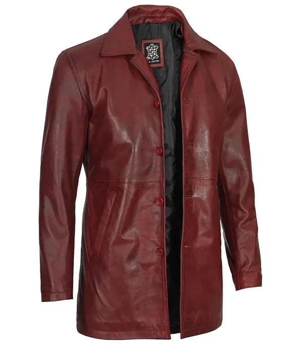 Mens Burgundy Real Lambskin Leather Car Coat