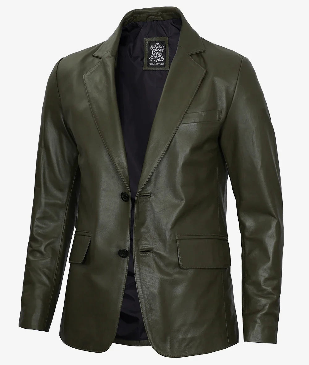 Mens Two Button Olive Green Leather Blazer