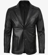 Mens Two Button Black Leather Blazer - Notch Lapel