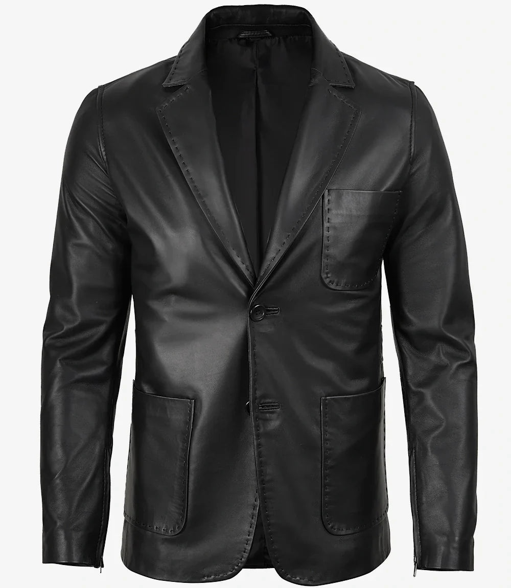 Mens Two Button Black Leather Blazer - Notch Lapel