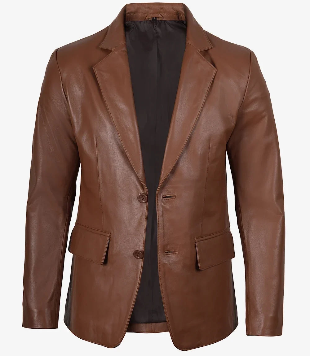 Mens Exclusive Two Button Real Leather Cognac Blazer