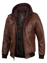 Edinburgh Mens Brown Bomber Leather Jacket With Removable Hood