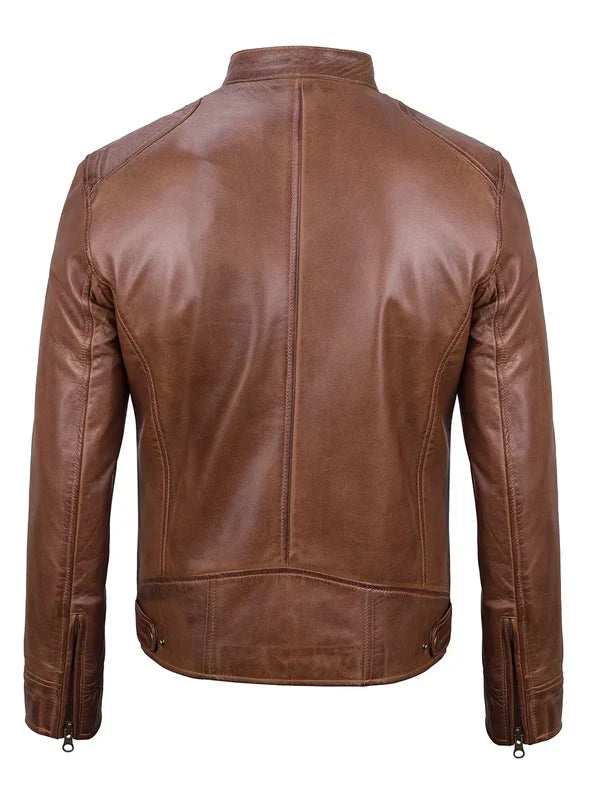 Dodge Men's Cognac Cafe Racer Leather Jacket
