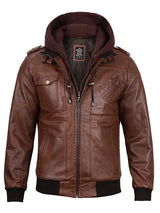 Edinburgh Mens Brown Bomber Leather Jacket With Removable Hood