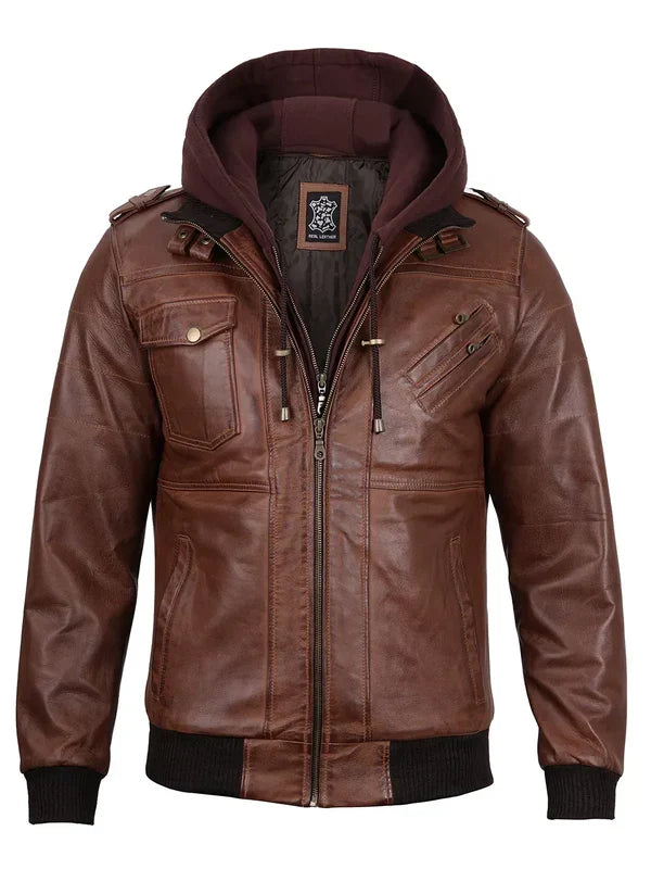 Edinburgh Mens Brown Bomber Leather Jacket With Removable Hood