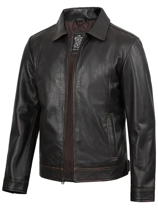 Mens Distressed Dark Brown Biker Style Leather Jacket
