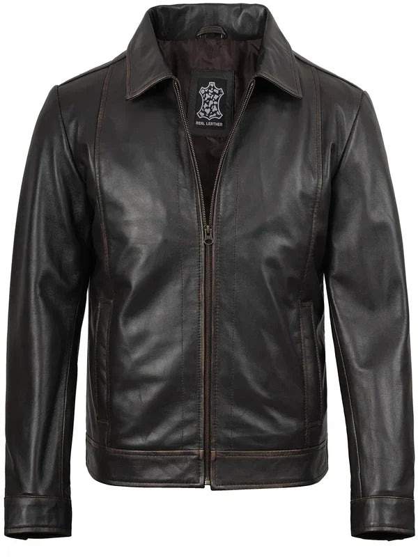 Mens Distressed Dark Brown Biker Style Leather Jacket