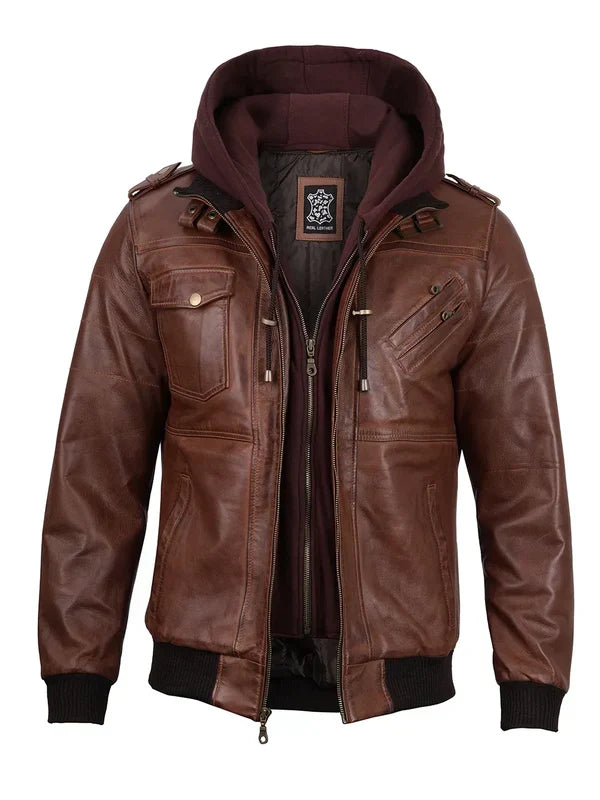 Edinburgh Mens Brown Bomber Leather Jacket With Removable Hood