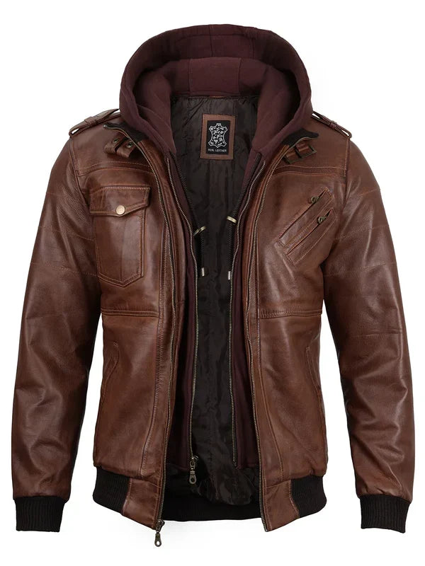 Edinburgh Mens Brown Bomber Leather Jacket With Removable Hood