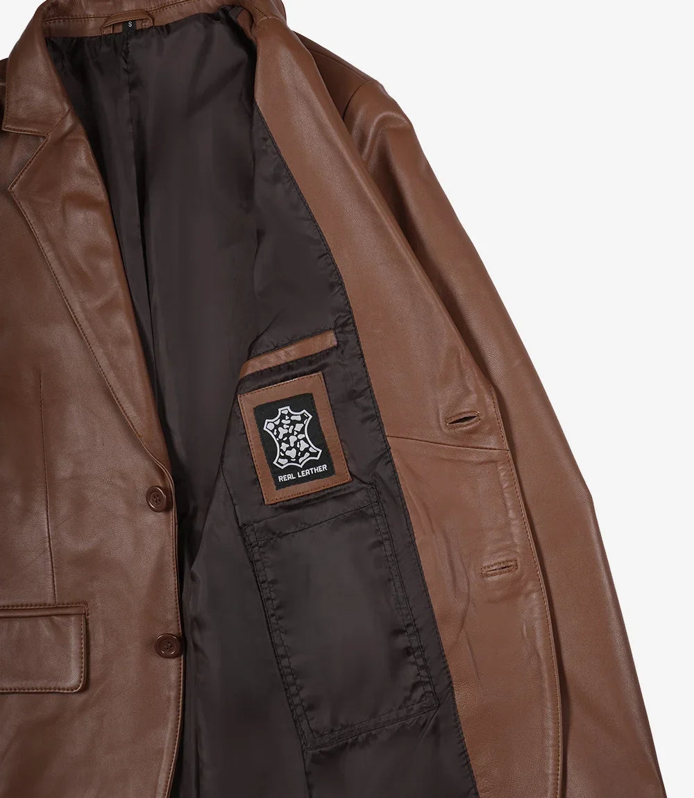 Mens Exclusive Two Button Real Leather Cognac Blazer