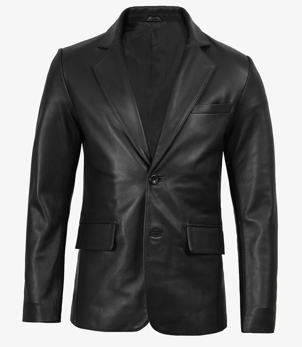 Mens Two Button Black Leather Blazer - Notch Lapel