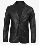 Mens Two Button Black Leather Blazer - Notch Lapel