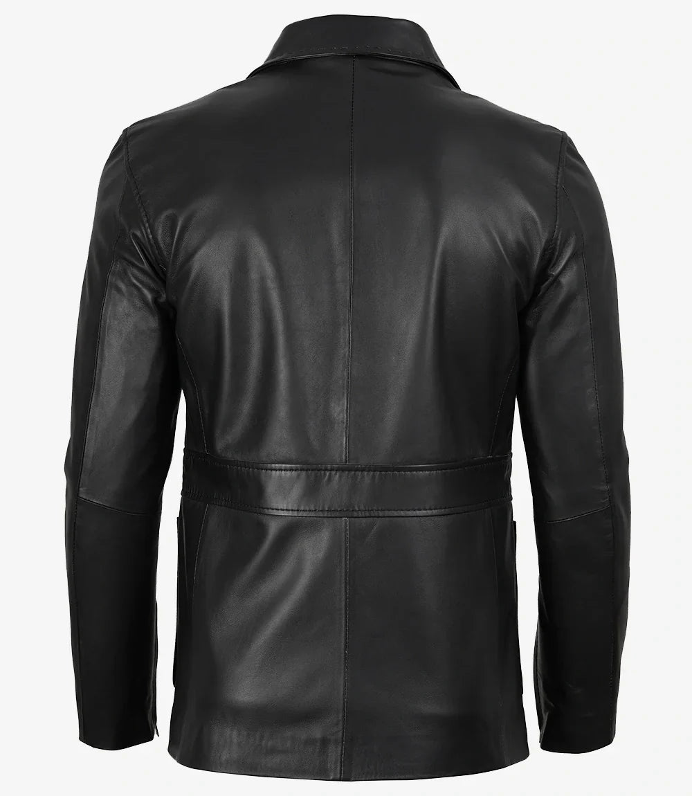 Mens Two Button Black Leather Blazer - Notch Lapel