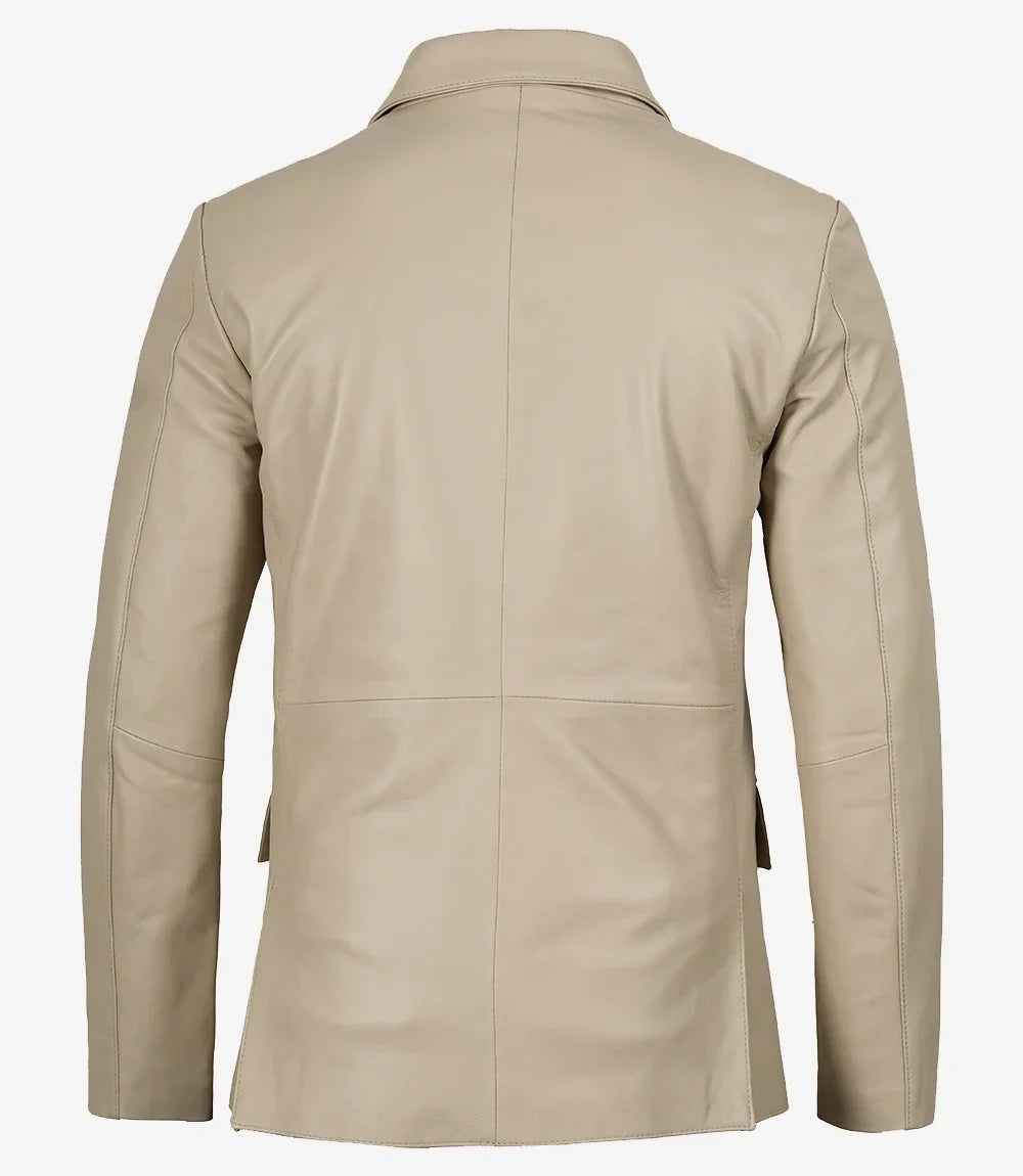Mens Two Button Beige Leather Blazer - Notch Lapel