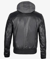 Mens Black Bomber Leather Jacket with Removable Hood