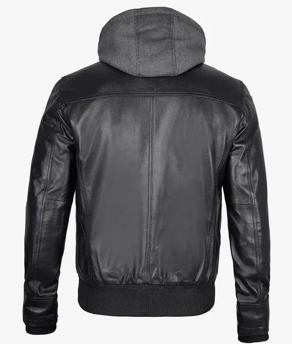 Mens Black Bomber Leather Jacket with Removable Hood