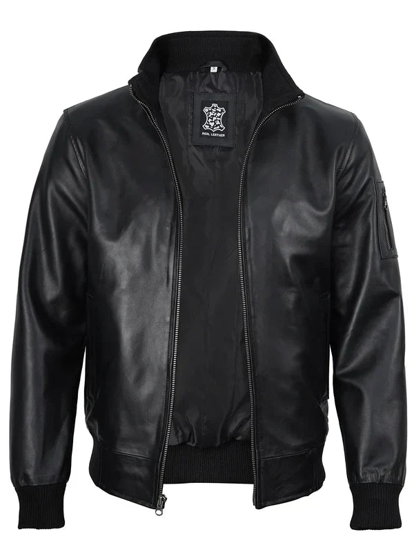 Mens Black Real Cowhide Leather Bomber Jacket