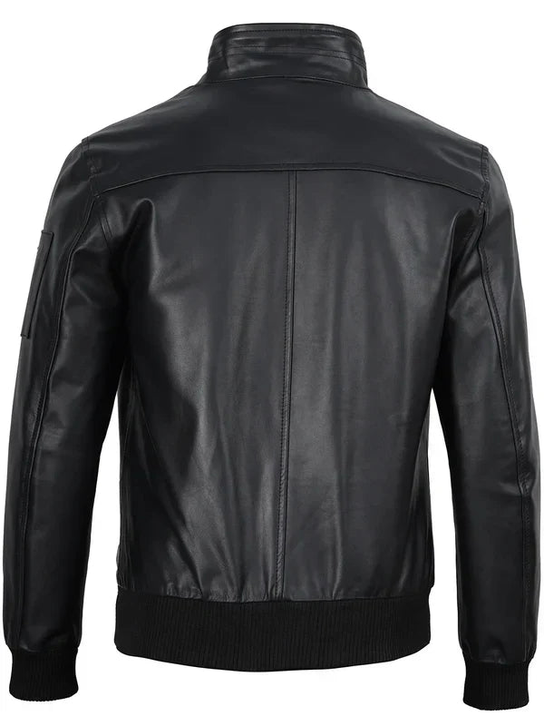 Mens Black Real Cowhide Leather Bomber Jacket