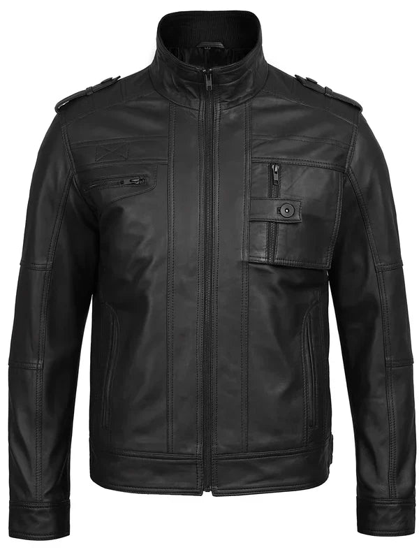 Tavares Men's Matte Black Biker Style Leather Jacket