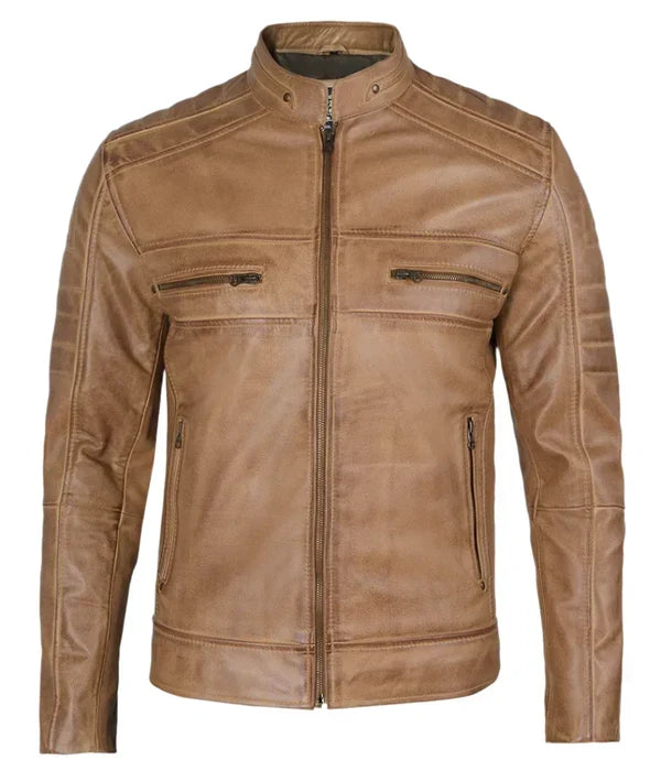 Austin Mens Distressed Tan Brown Cafe Racer Real Leather Jacket