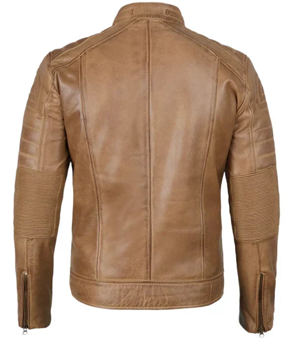 Austin Mens Distressed Tan Brown Cafe Racer Real Leather Jacket