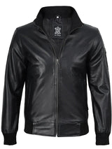 Mens Black Real Cowhide Leather Bomber Jacket