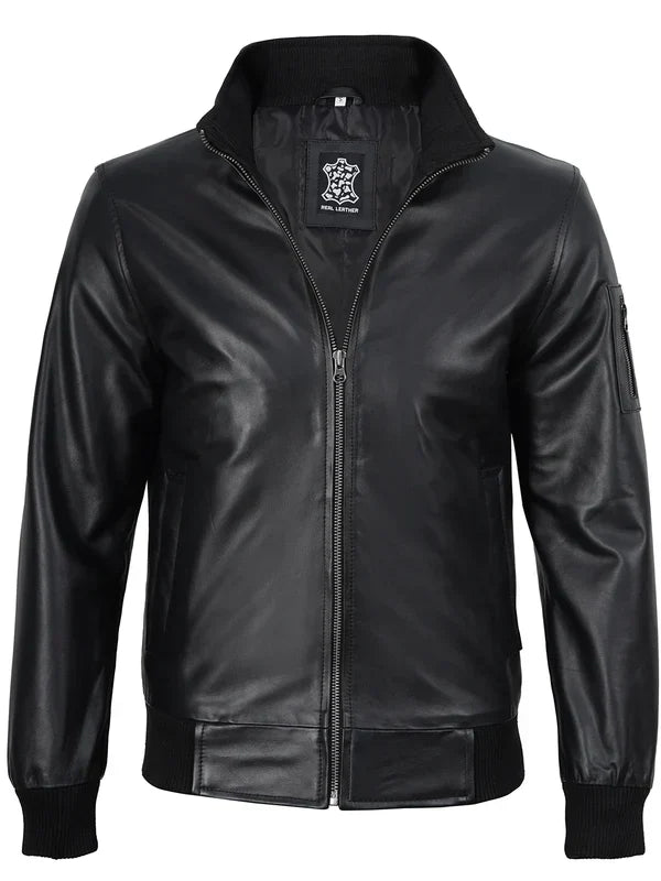Mens Black Real Cowhide Leather Bomber Jacket