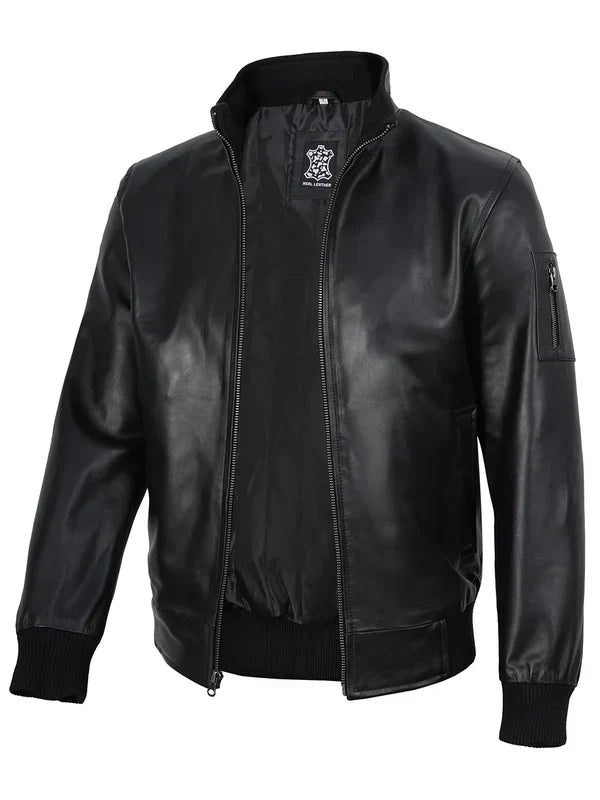 Mens Black Real Cowhide Leather Bomber Jacket