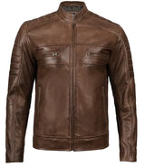 Men's Distressed Coffee Brown Leather Cafe Racer Jacket