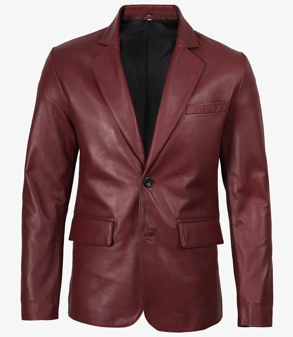 Men's Notch Lapel Maroon Leather Blazer – Two Button