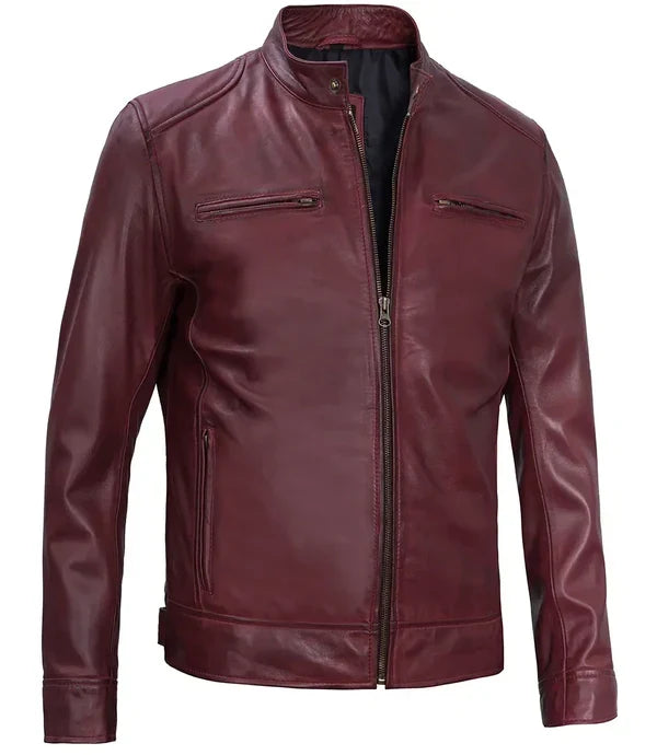 Dodge Men's Burgundy Cafe Racer Leather Jacket
