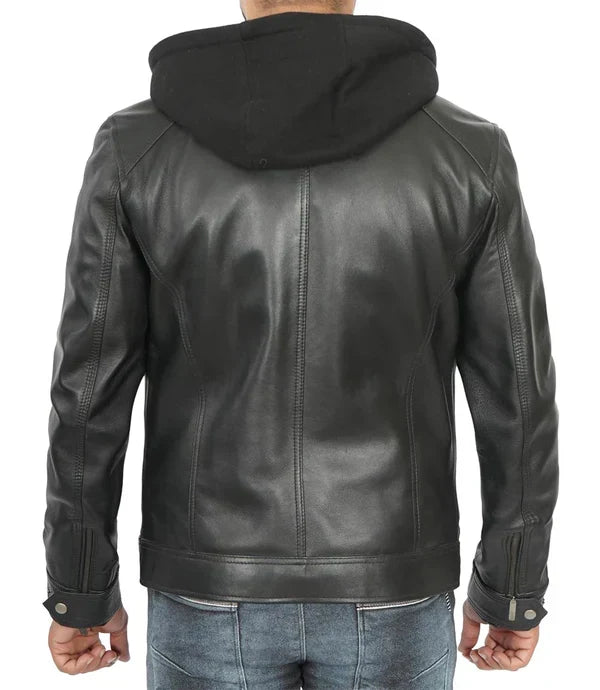 Merrill Men's Black Hooded Leather Jacket