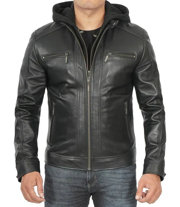 Merrill Men's Black Hooded Leather Jacket
