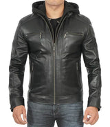 Merrill Men's Black Hooded Leather Jacket