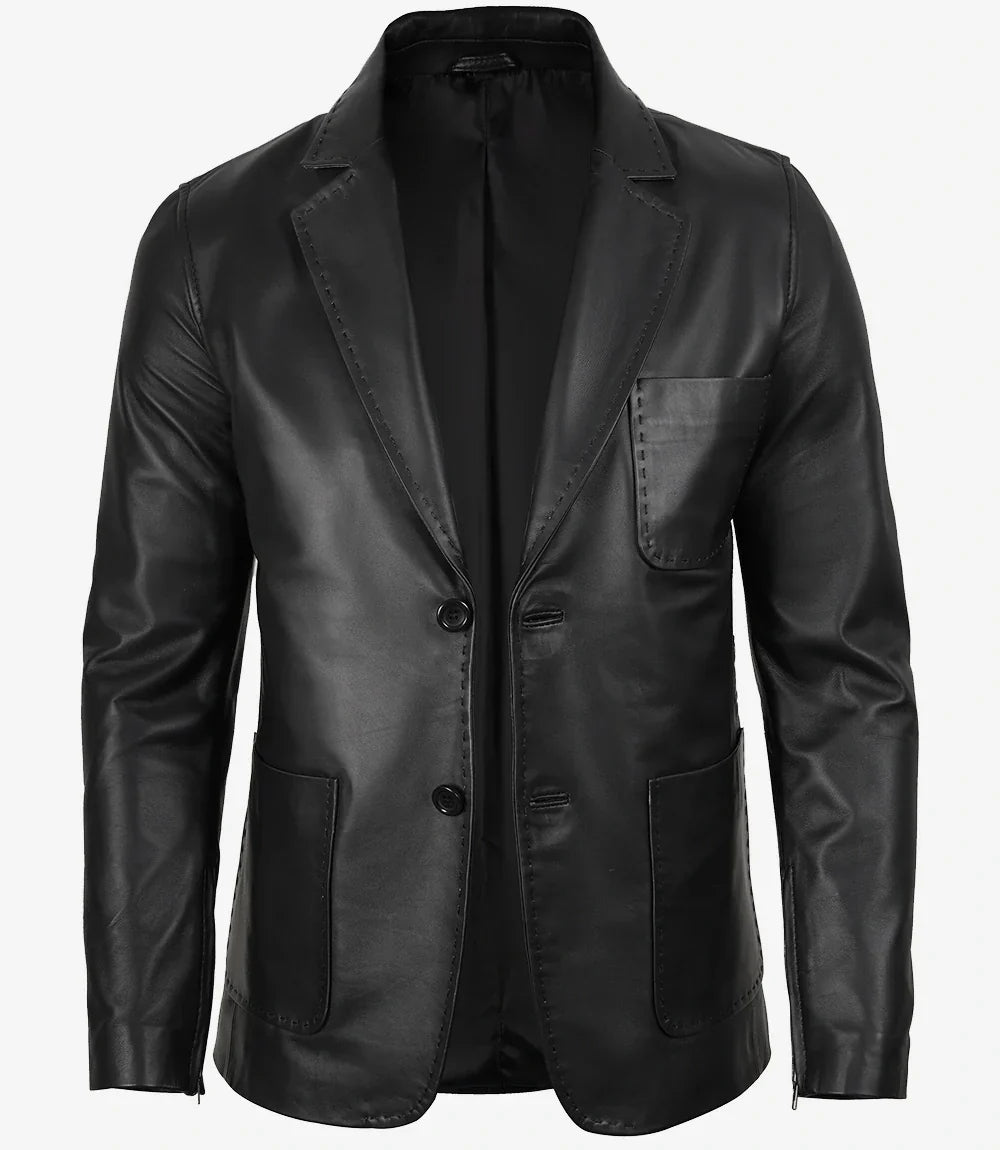 Mens Two Button Black Leather Blazer - Notch Lapel