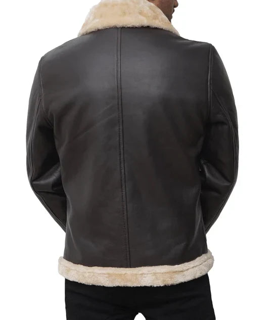 Men's Real Leather Dark Brown Bomber Fur Aviator Jacket