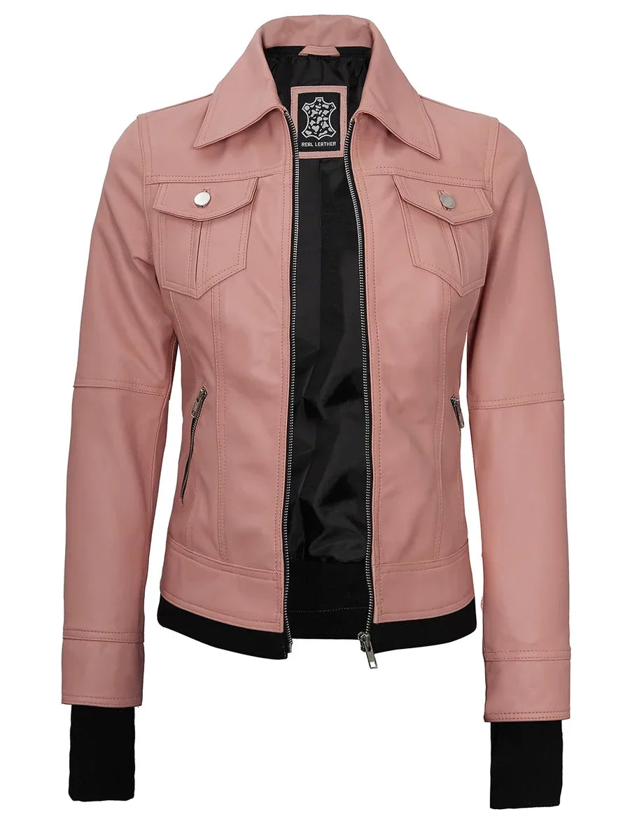 Tralee Women's Pink Leather Biker Style Jacket with Hood