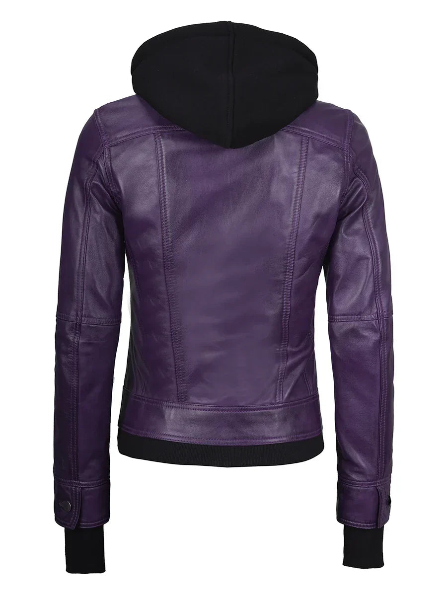 Women's Purple Leather Jacket with Removable Hood