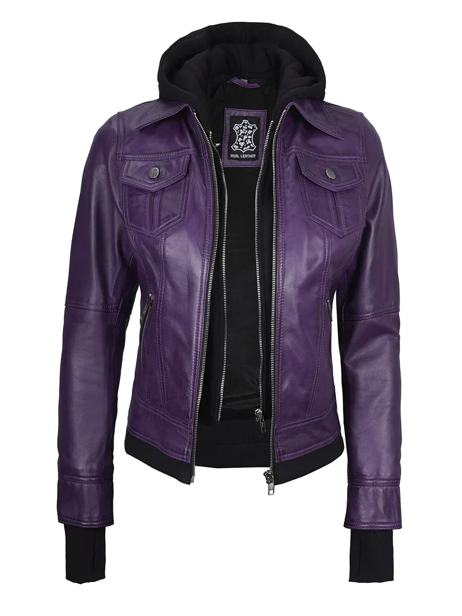 Women's Purple Leather Jacket with Removable Hood
